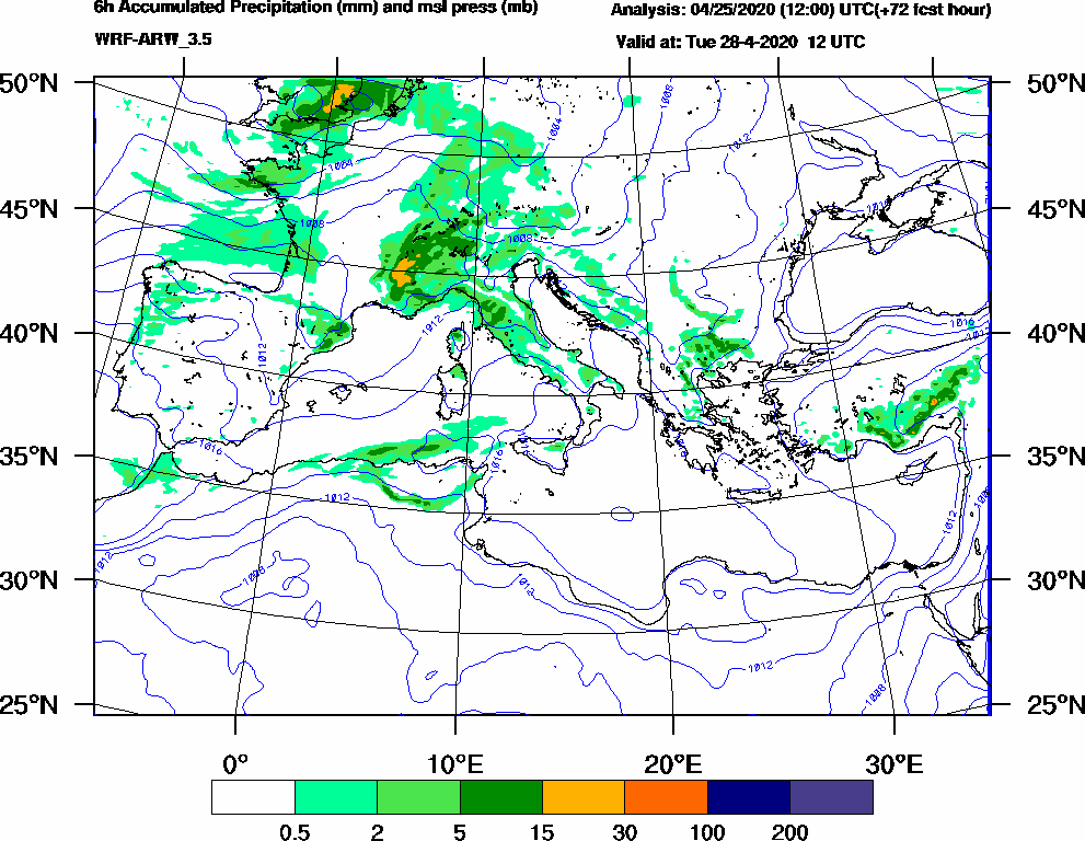 6h Accumulated Precipitation (mm) and msl press (mb) - 2020-04-28 06:00