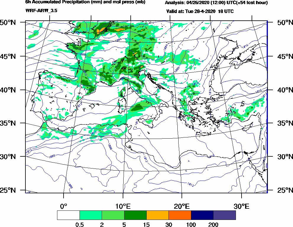 6h Accumulated Precipitation (mm) and msl press (mb) - 2020-04-28 12:00