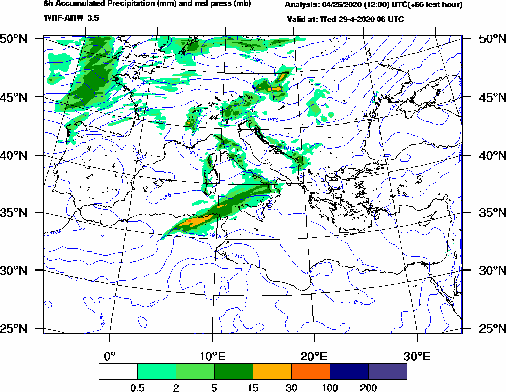 6h Accumulated Precipitation (mm) and msl press (mb) - 2020-04-29 00:00