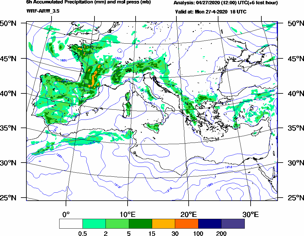 6h Accumulated Precipitation (mm) and msl press (mb) - 2020-04-27 12:00