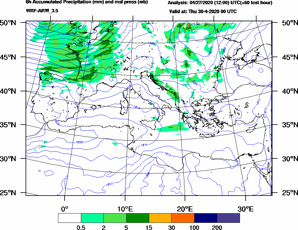 6h Accumulated Precipitation (mm) and msl press (mb) - 2020-04-29 18:00