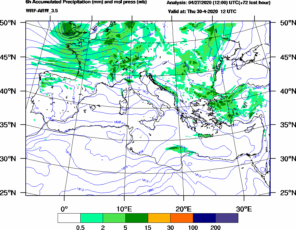 6h Accumulated Precipitation (mm) and msl press (mb) - 2020-04-30 06:00