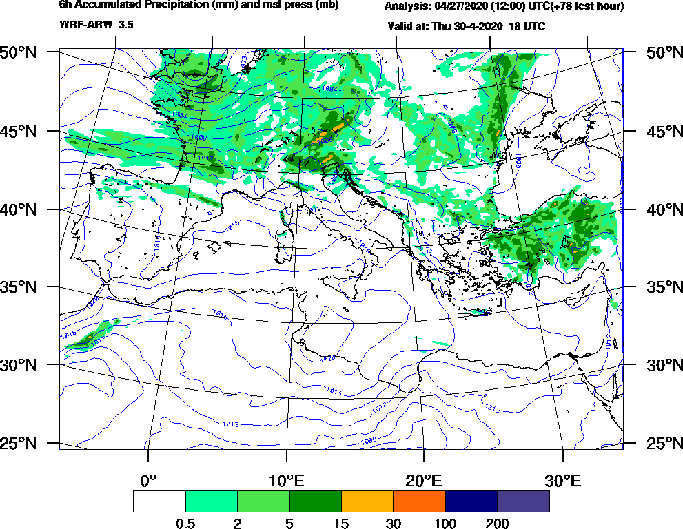 6h Accumulated Precipitation (mm) and msl press (mb) - 2020-04-30 12:00