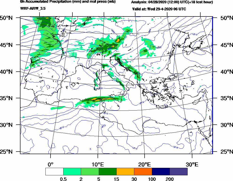 6h Accumulated Precipitation (mm) and msl press (mb) - 2020-04-29 00:00