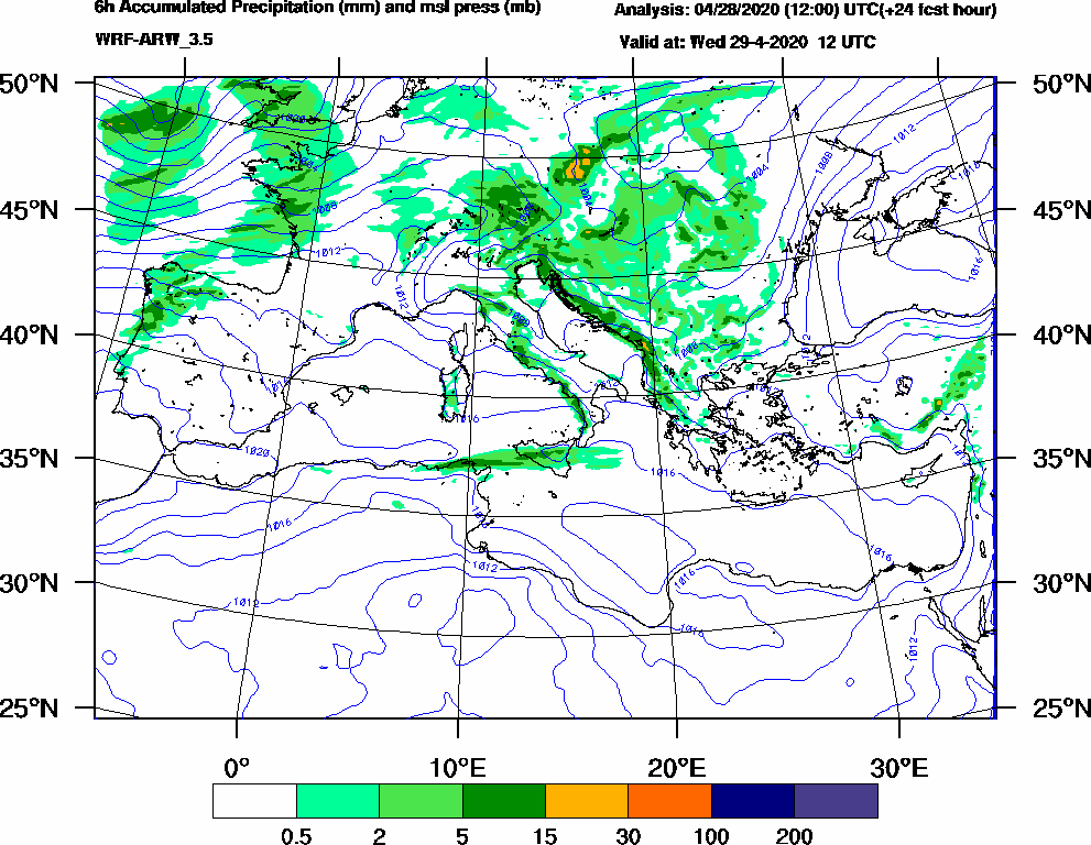 6h Accumulated Precipitation (mm) and msl press (mb) - 2020-04-29 06:00