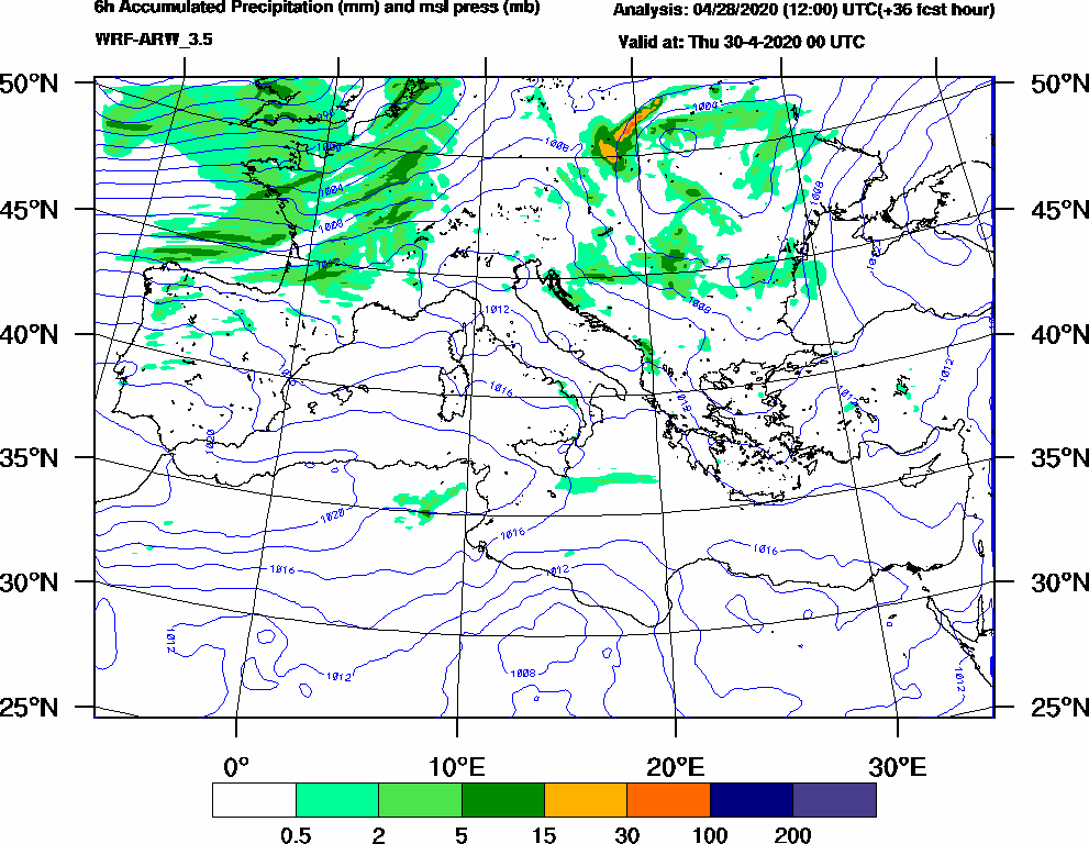 6h Accumulated Precipitation (mm) and msl press (mb) - 2020-04-29 18:00