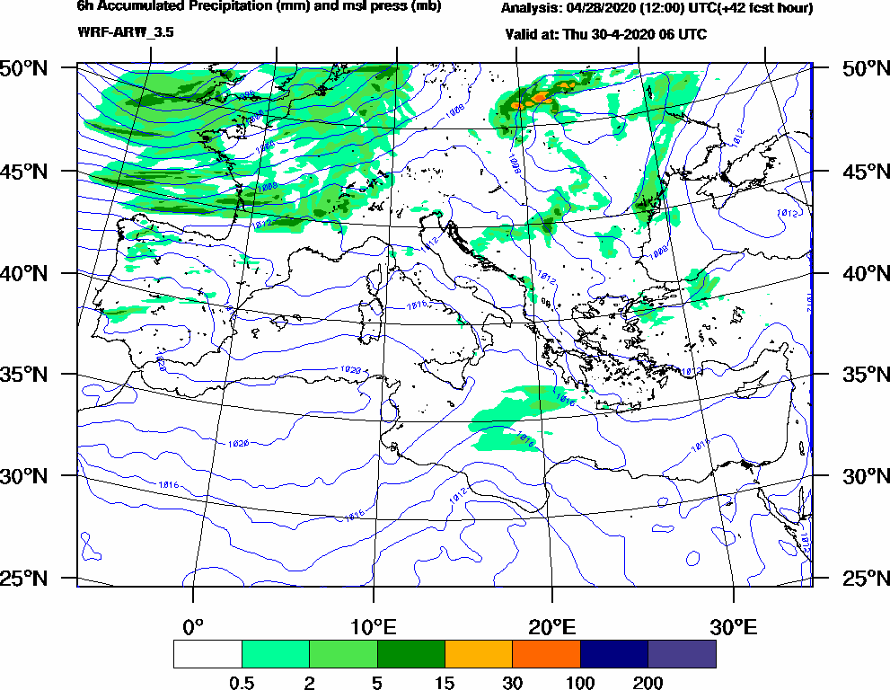 6h Accumulated Precipitation (mm) and msl press (mb) - 2020-04-30 00:00