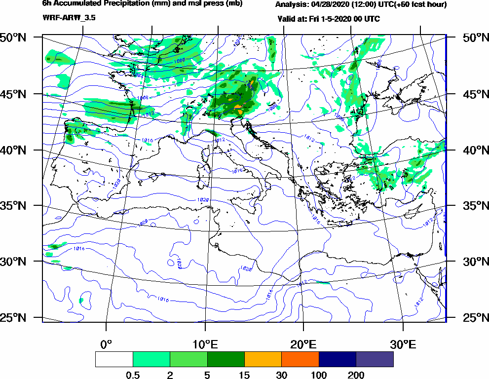 6h Accumulated Precipitation (mm) and msl press (mb) - 2020-04-30 18:00