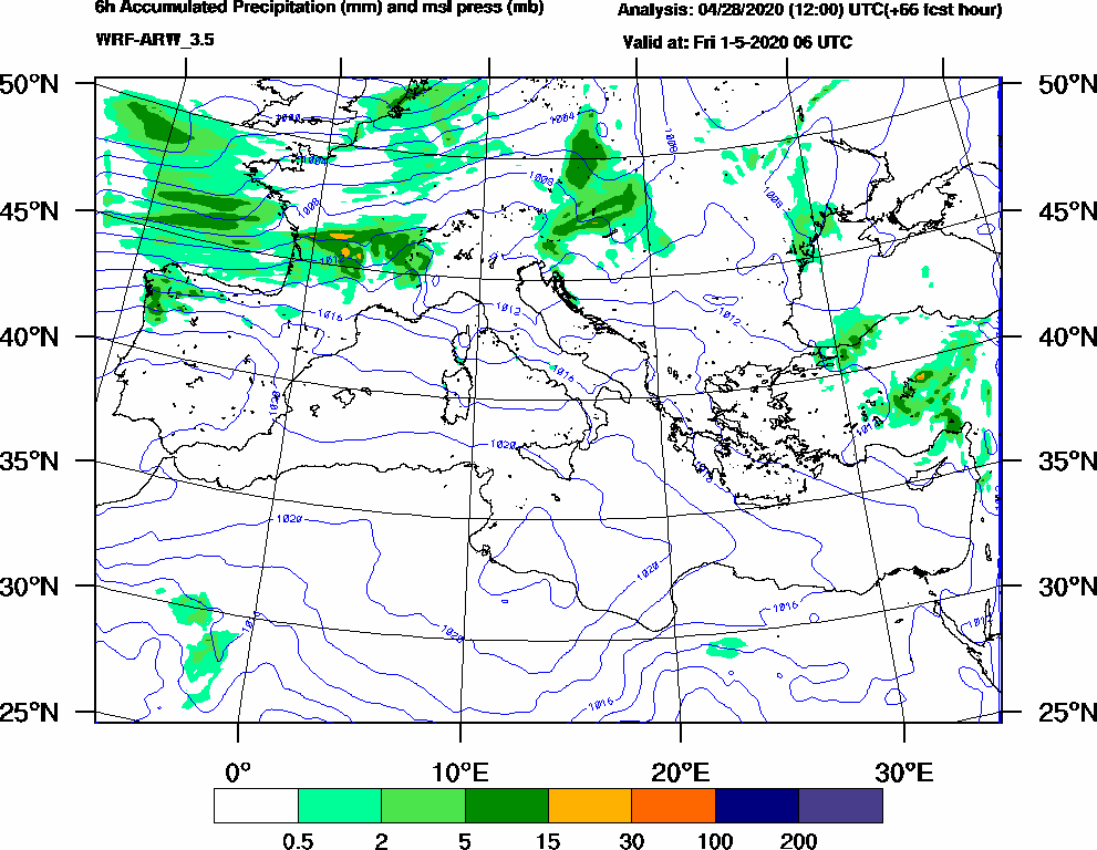 6h Accumulated Precipitation (mm) and msl press (mb) - 2020-05-01 00:00