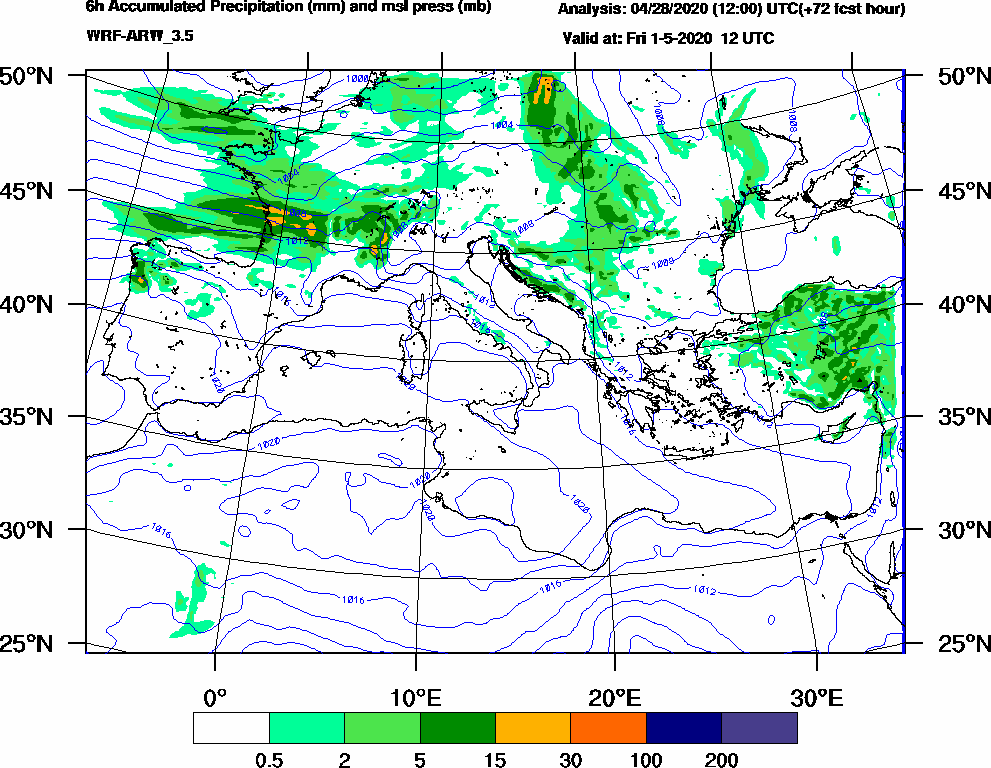 6h Accumulated Precipitation (mm) and msl press (mb) - 2020-05-01 06:00