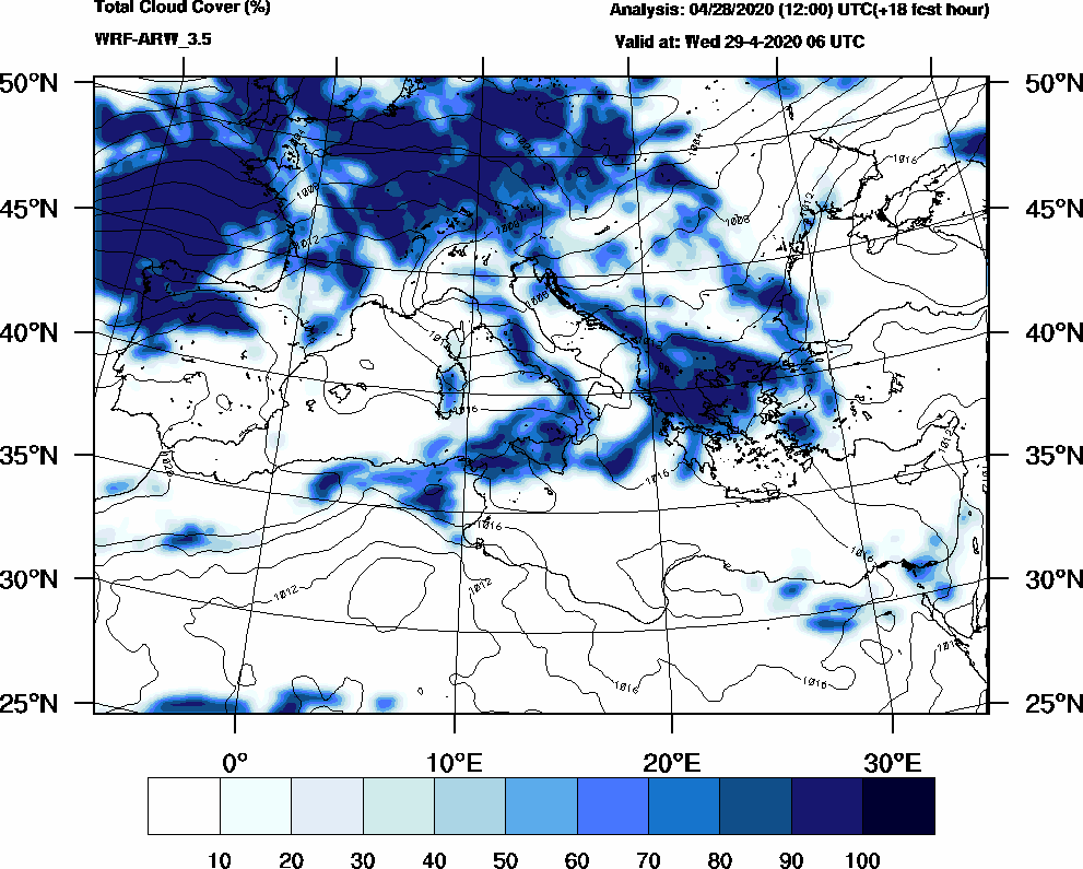 Total cloud cover (%) - 2020-04-29 00:00