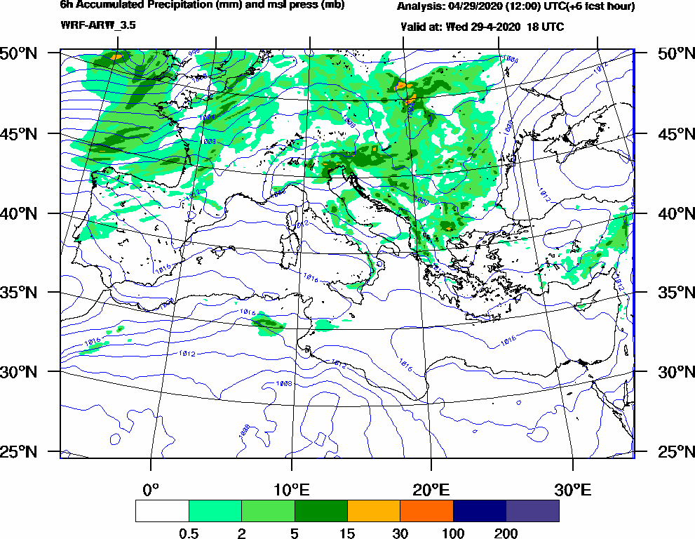 6h Accumulated Precipitation (mm) and msl press (mb) - 2020-04-29 12:00