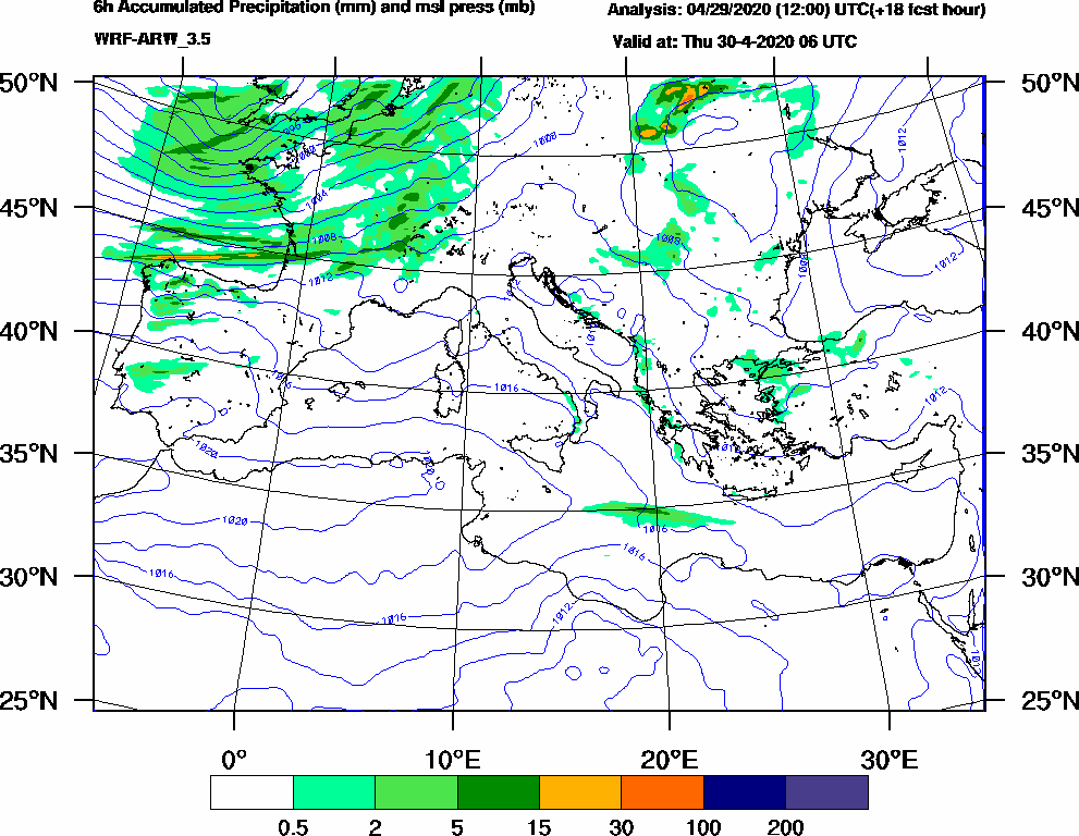 6h Accumulated Precipitation (mm) and msl press (mb) - 2020-04-30 00:00