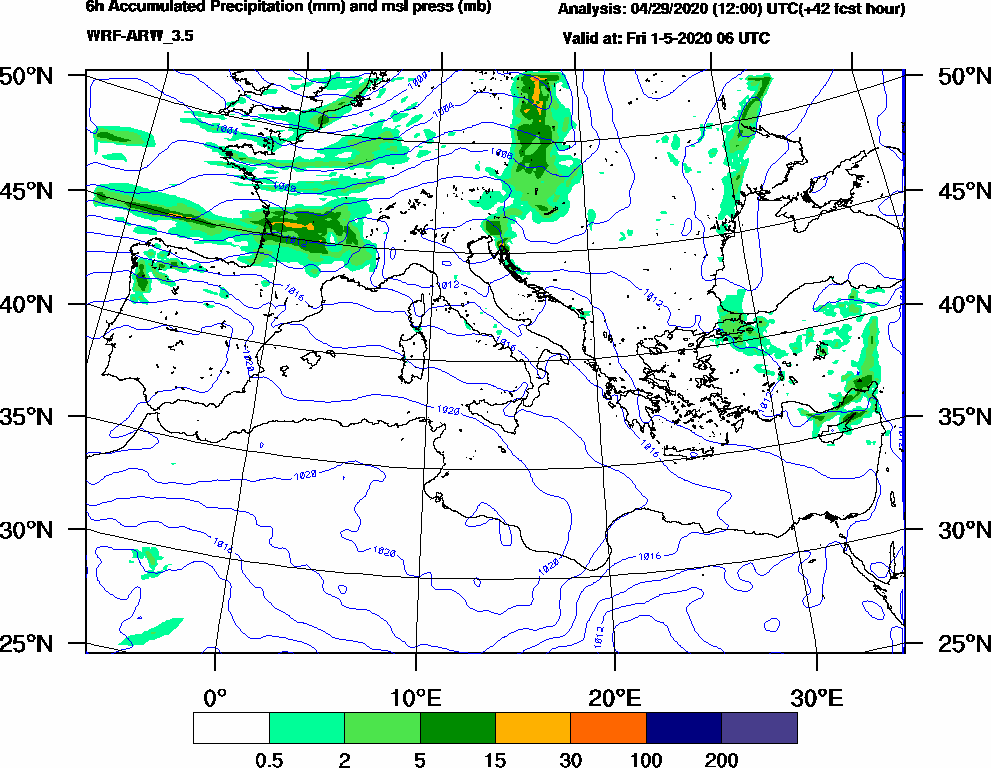 6h Accumulated Precipitation (mm) and msl press (mb) - 2020-05-01 00:00
