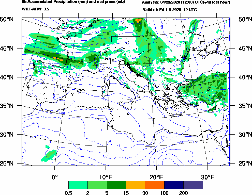 6h Accumulated Precipitation (mm) and msl press (mb) - 2020-05-01 06:00