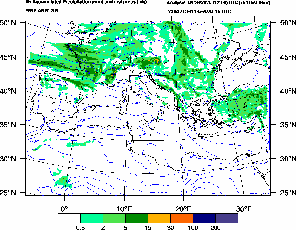6h Accumulated Precipitation (mm) and msl press (mb) - 2020-05-01 12:00