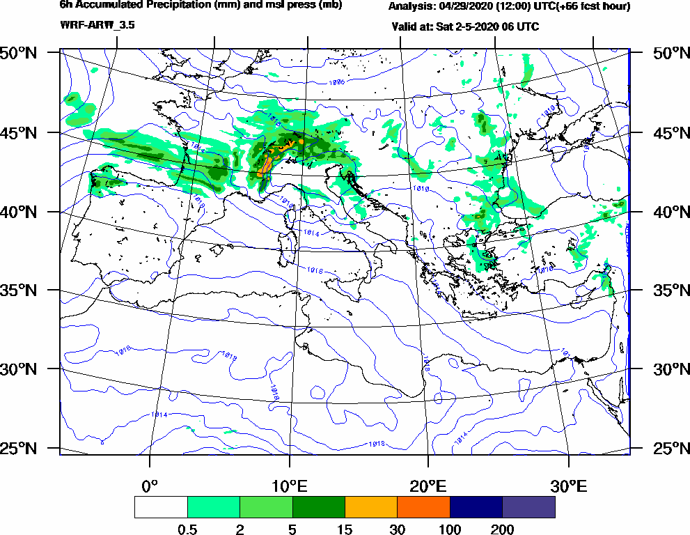 6h Accumulated Precipitation (mm) and msl press (mb) - 2020-05-02 00:00