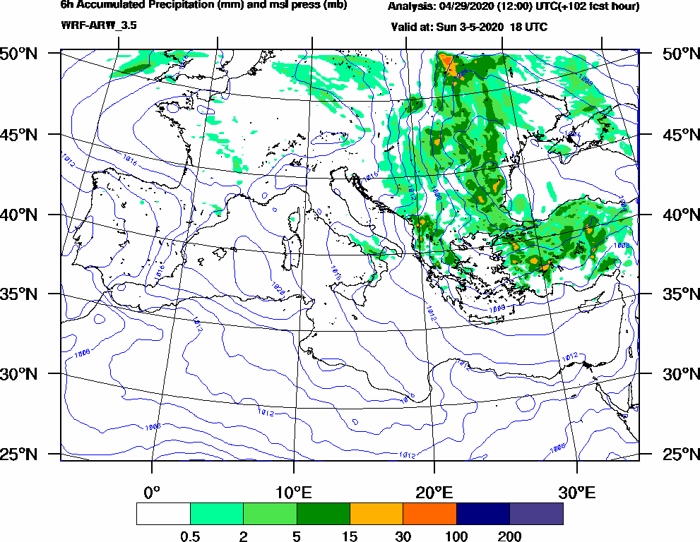 6h Accumulated Precipitation (mm) and msl press (mb) - 2020-05-03 12:00
