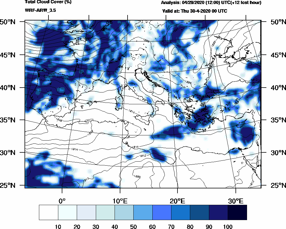 Total cloud cover (%) - 2020-04-29 18:00