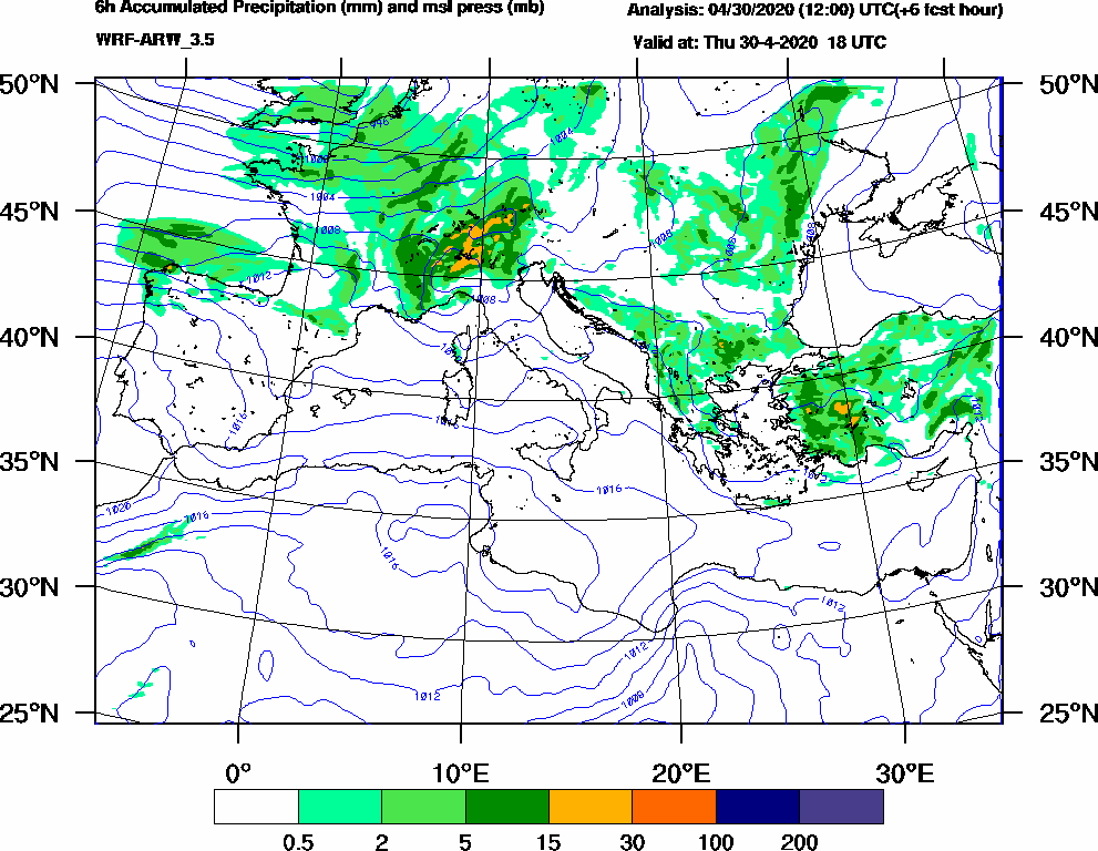 6h Accumulated Precipitation (mm) and msl press (mb) - 2020-04-30 12:00