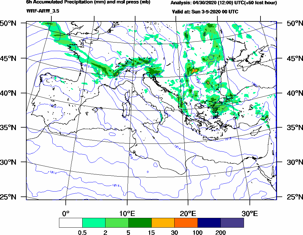 6h Accumulated Precipitation (mm) and msl press (mb) - 2020-05-02 18:00