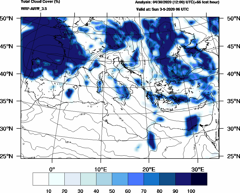 Total cloud cover (%) - 2020-05-03 00:00