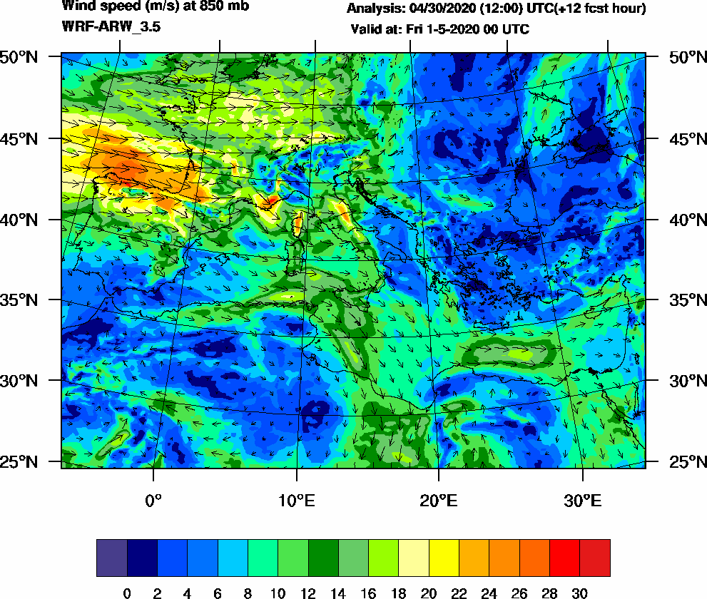 Wind speed (m/s) at 850 mb - 2020-05-01 00:00