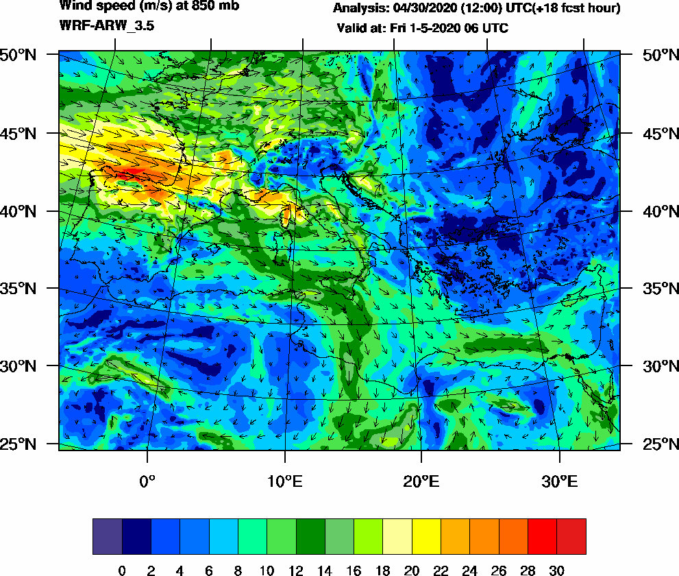 Wind speed (m/s) at 850 mb - 2020-05-01 06:00