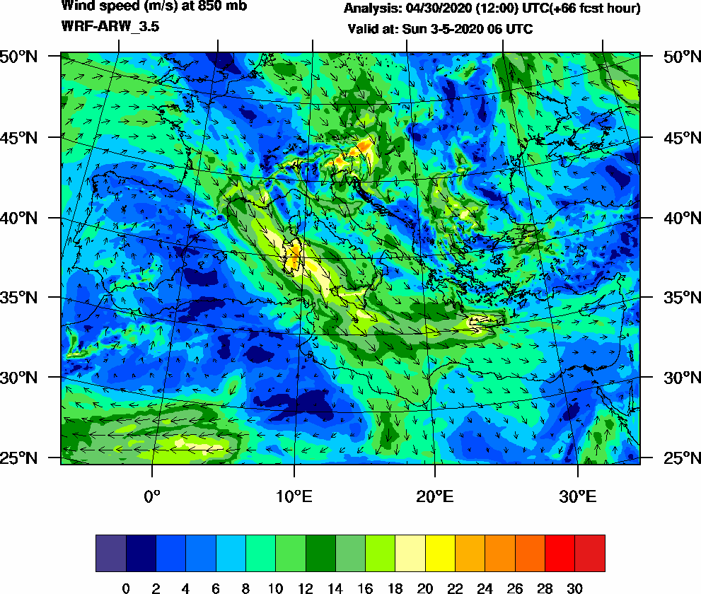 Wind speed (m/s) at 850 mb - 2020-05-03 06:00