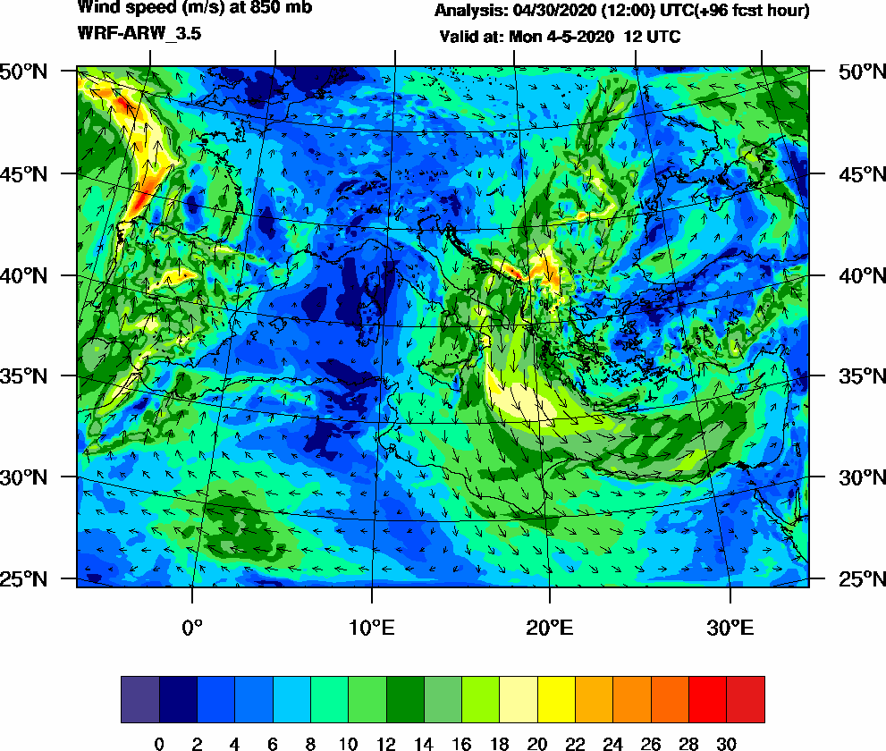 Wind speed (m/s) at 850 mb - 2020-05-04 12:00