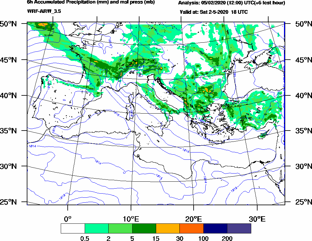 6h Accumulated Precipitation (mm) and msl press (mb) - 2020-05-02 12:00