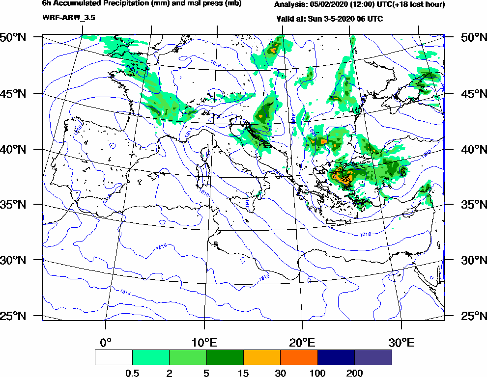6h Accumulated Precipitation (mm) and msl press (mb) - 2020-05-03 00:00