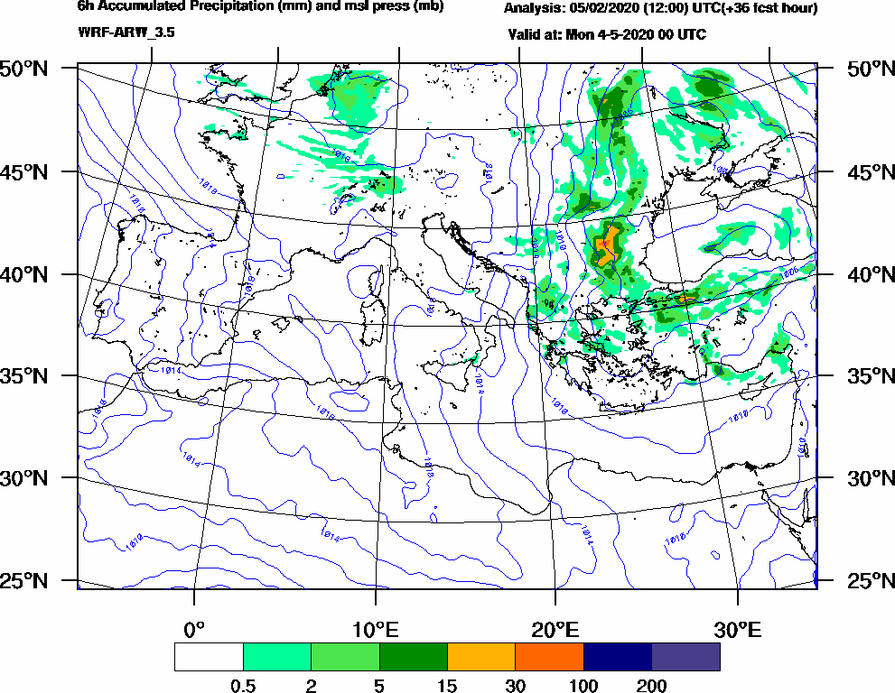6h Accumulated Precipitation (mm) and msl press (mb) - 2020-05-03 18:00