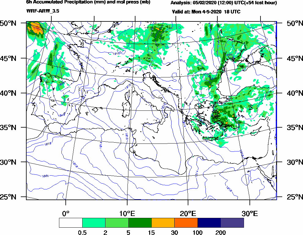 6h Accumulated Precipitation (mm) and msl press (mb) - 2020-05-04 12:00