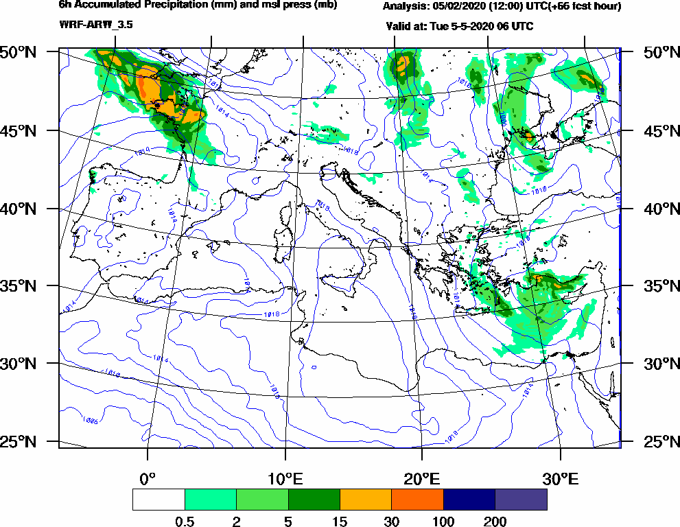 6h Accumulated Precipitation (mm) and msl press (mb) - 2020-05-05 00:00