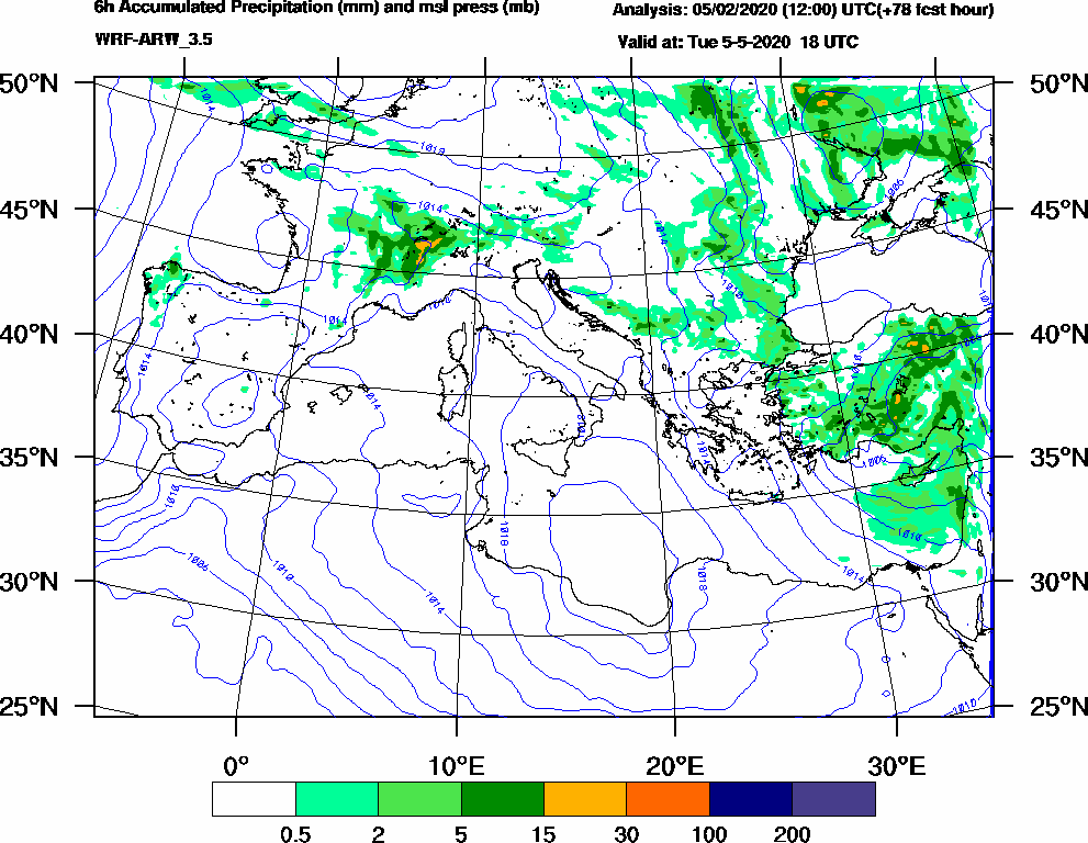 6h Accumulated Precipitation (mm) and msl press (mb) - 2020-05-05 12:00