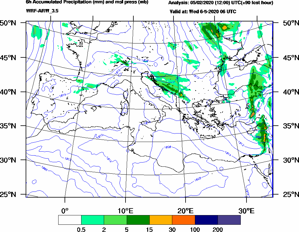 6h Accumulated Precipitation (mm) and msl press (mb) - 2020-05-06 00:00