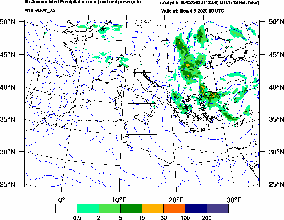 6h Accumulated Precipitation (mm) and msl press (mb) - 2020-05-03 18:00