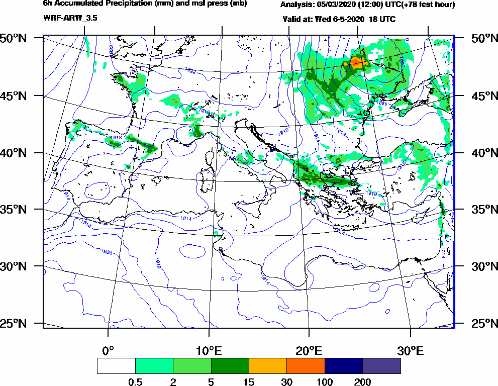 6h Accumulated Precipitation (mm) and msl press (mb) - 2020-05-06 12:00