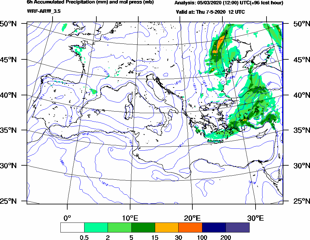 6h Accumulated Precipitation (mm) and msl press (mb) - 2020-05-07 06:00