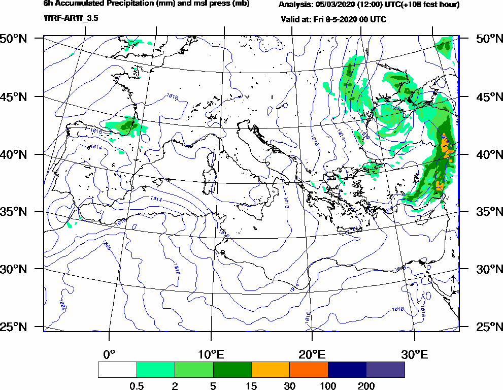 6h Accumulated Precipitation (mm) and msl press (mb) - 2020-05-07 18:00