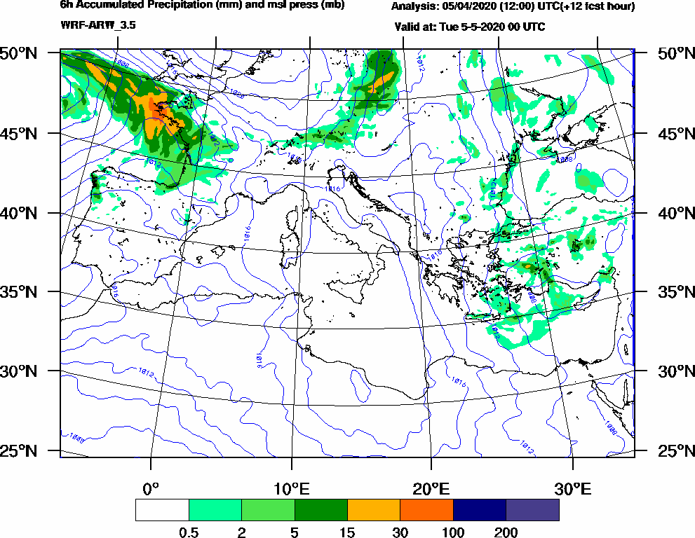 6h Accumulated Precipitation (mm) and msl press (mb) - 2020-05-04 18:00