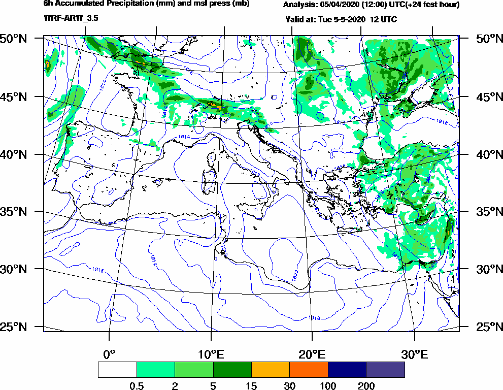 6h Accumulated Precipitation (mm) and msl press (mb) - 2020-05-05 06:00