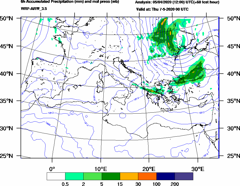 6h Accumulated Precipitation (mm) and msl press (mb) - 2020-05-06 18:00