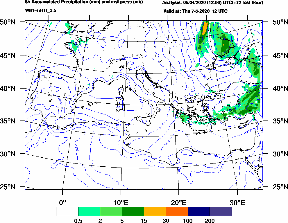 6h Accumulated Precipitation (mm) and msl press (mb) - 2020-05-07 06:00