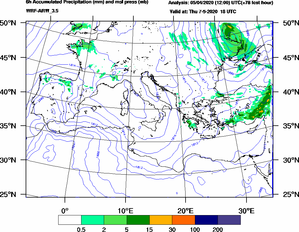 6h Accumulated Precipitation (mm) and msl press (mb) - 2020-05-07 12:00