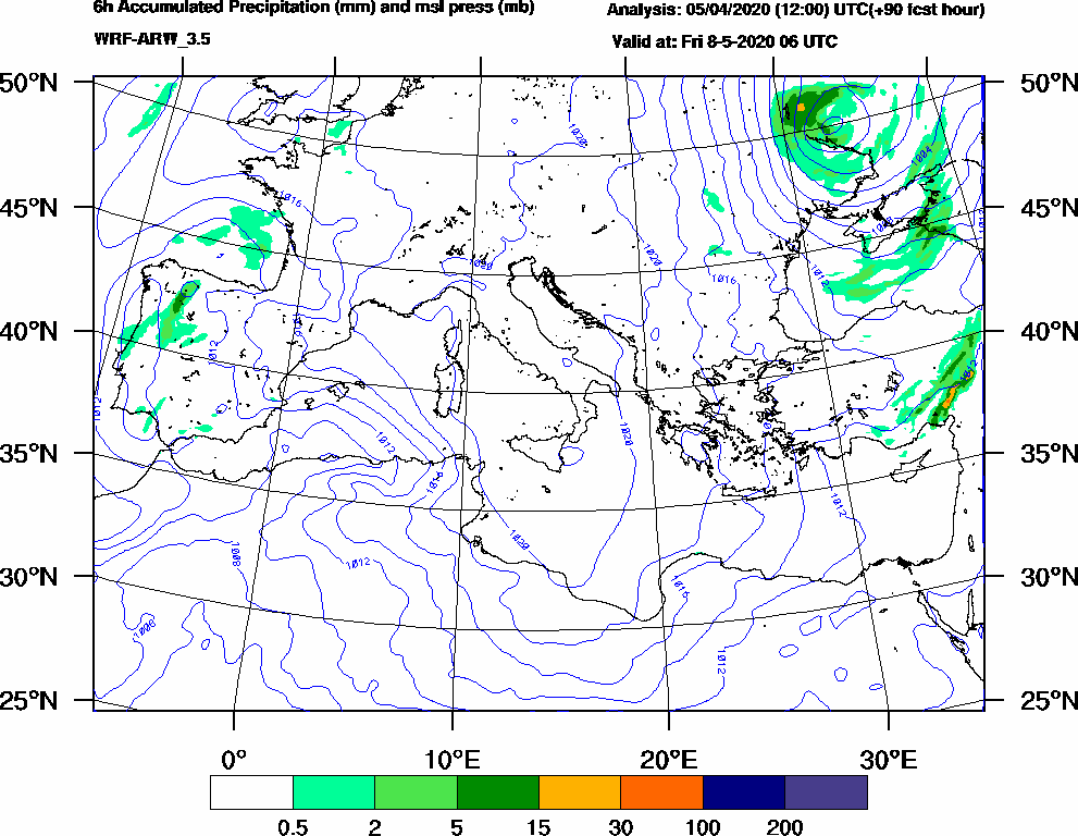 6h Accumulated Precipitation (mm) and msl press (mb) - 2020-05-08 00:00