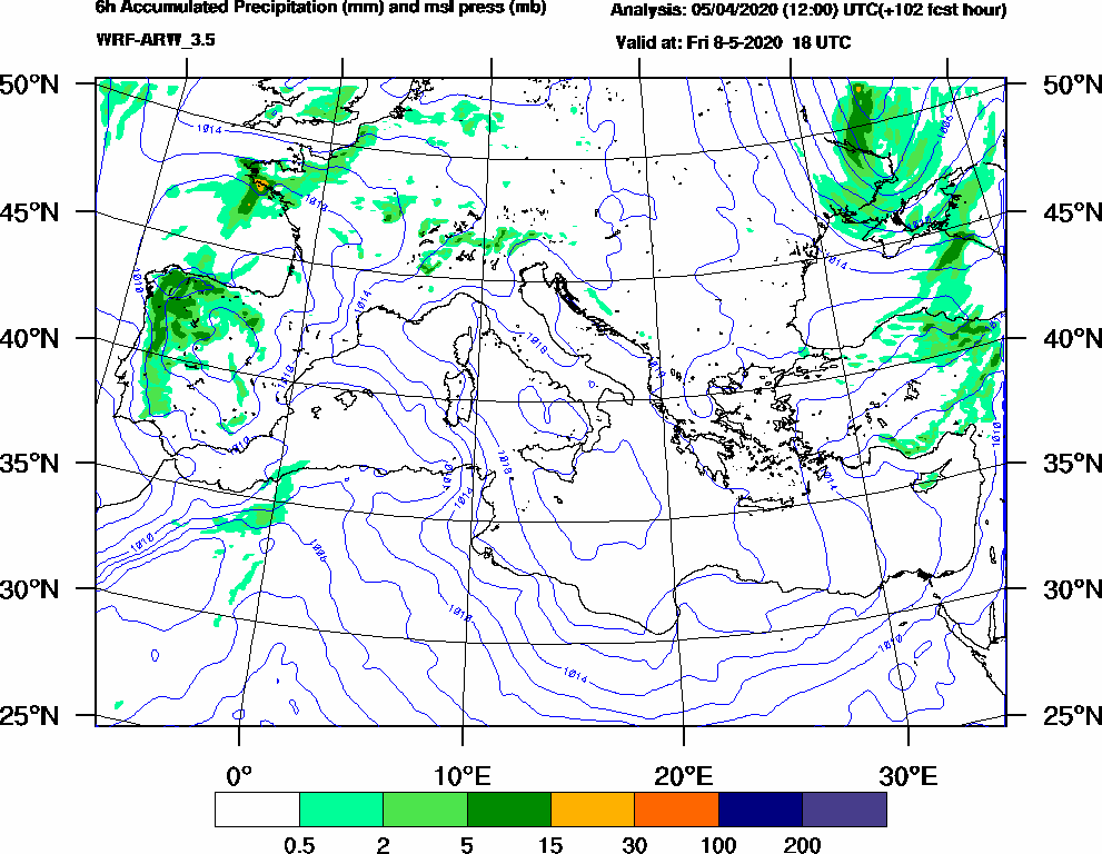 6h Accumulated Precipitation (mm) and msl press (mb) - 2020-05-08 12:00