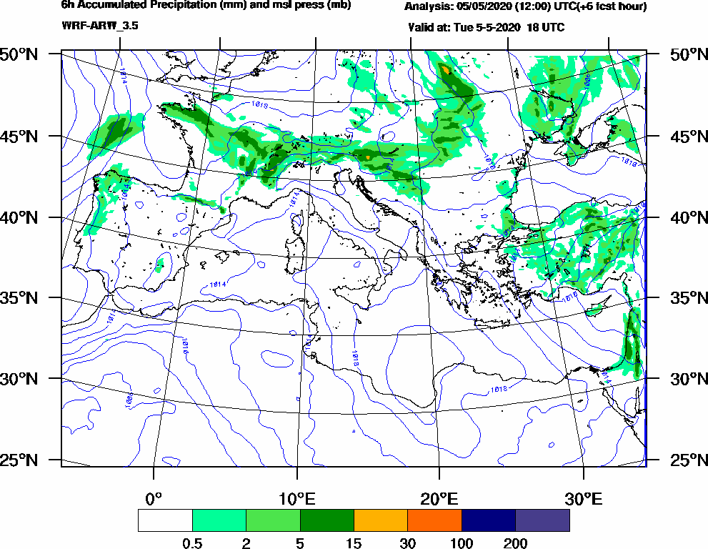 6h Accumulated Precipitation (mm) and msl press (mb) - 2020-05-05 12:00