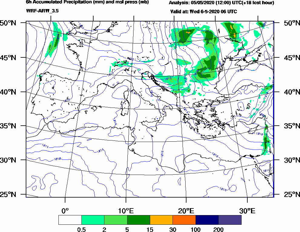 6h Accumulated Precipitation (mm) and msl press (mb) - 2020-05-06 00:00